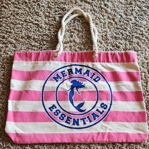 unbranded Handbags - Beach Bag Pink and Cream Striped Tote Canvas Bag